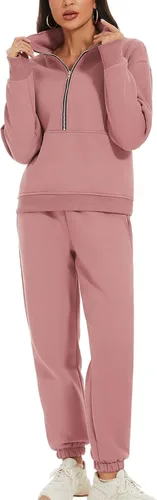 Vista 7 de PEHMEA Conjunto deportivo de 2 piezas de otoño para mujer, con forro polar, holgado, manga larga, media cremallera, cómodo conjunto de descanso