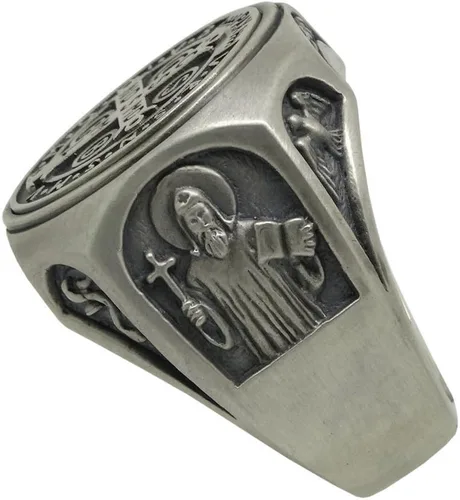 Vista 4 de Anillo de plata de ley 925 de San Benito para hombre, exorcismo católico cristiano, protección demoníaca