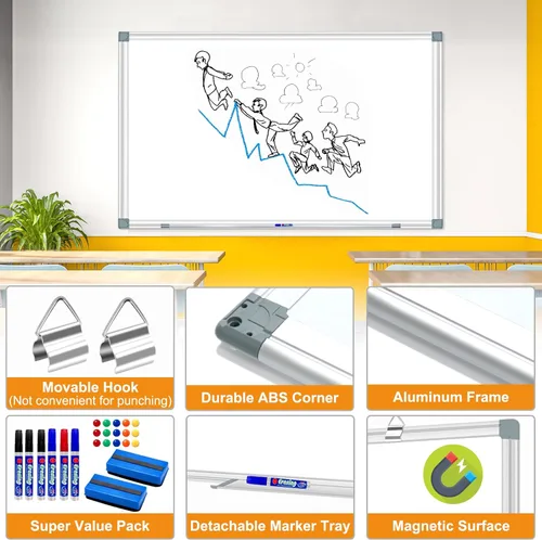 Vista 2 de Pizarra blanca magnética grande de borrado en seco, pizarra blanca de 60 x 40 pulgadas para pared con bandeja larga para bolígrafos, pizarra blanca