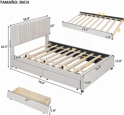 Vista 2 de Harper & Bright Designs - Base de cama de tamaño matrimonial con 2 cajones y cama corrediza individual, plataforma tapizada en el suelo con cabecera