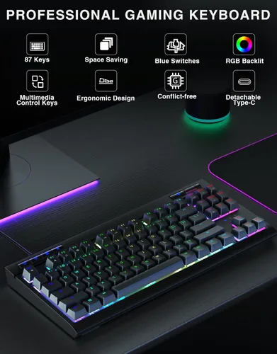 Vista 2 de GOYIGO - Teclado mecánico con interruptores azules clicky, 75% TKL RGB retroiluminado para juegos, teclas completas programables anti-fantasma