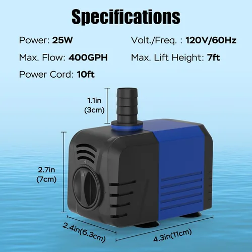 Vista 2 de Bomba sumergible de 400 GPH (1500 L/H, 25 W), bomba de fuente de agua con protección contra sobrecalentamiento, bomba de agua ultra silenciosa
