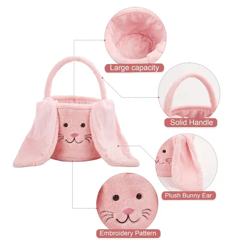 Vista 4 de Cesta de Pascua personalizada, cubos de Pascua con orejas de conejito de peluche personalizados para niños, huevos, caza, fiesta de Pascua, bolsa