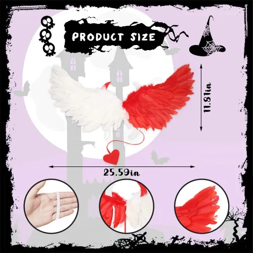 Vista 2 de Hying Alas de diablo blancas y rojas para adultos y niñas, disfraz de diablo de plumas para niños y mujeres, fiesta de Halloween, cosplay, disfraz