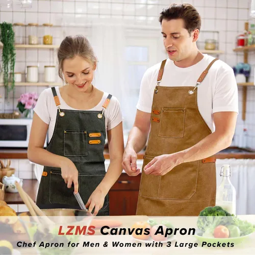 Vista 2 de LZMS Delantal de chef para hombres y mujeres, delantal de trabajo de lona con espalda cruzada con 3 bolsillos grandes, resistente al agua