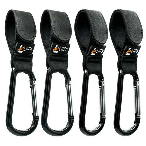 Vista 13 de 2 ganchos negros para cochecito de bebé para colgar Correas multiusos para cochecito con clips duraderos y elegantes para bolsas de pañales El