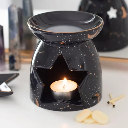 Vista 7 de Ebros Gift Wicca Witchcraft constelación púrpura astrología estrellas y luna cerámica púrpura quemador de aceite esencial calentador de cera figura