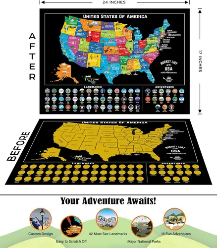 Vista 4 de Mapa para Rascar de EE. UU. + Paquete de 63 Parques Nacionales (Mapa de EE. UU. de 24x17 y Póster de Parque Nacional de 12x16, Negro/Oro) - Kit