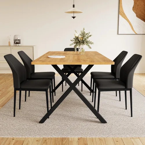 Vista 6 de HIPIHOM Juego de mesa de comedor de 5 piezas para 4-6 personas, mesa de cocina MDF de 63 pulgadas con 4 sillas tapizadas, patas de metal