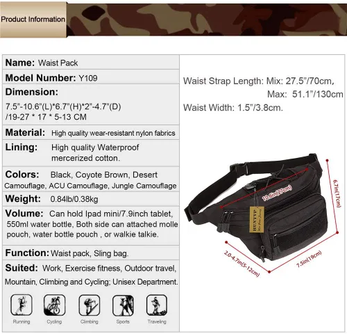 Vista 2 de Huntvp Cangurera militar táctica, impermeable, para excursiones, alpinismo, actividades al aire libre. Negro