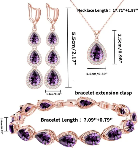 Vista 5 de LMXXVJ Juego de collar y aretes largos, chapados en oro blanco, juego de joyas de zafiro azul creado, joyería de regalo para boda, fiesta, joyería