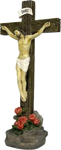 Vista 2 de JORAE Estatua de crucifijo de Jesús, decoración de cruz de pie, figura religiosa religiosa de Jesucristo, exhibición católica de resina, decoración