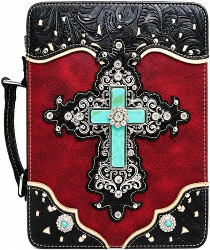 Vista 8 de Funda de la Biblia con versículo bordado de estilo occidental para mujer, bolsa de mensajero con correa extra Turquoise Cross, Full-Zip Protection