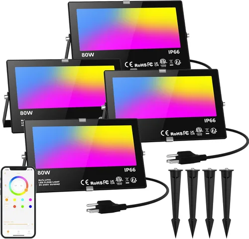 Vista 10 de Luz LED de inundación al aire libre equivalente a 800 W 8000LM, iluminación inteligente RGBW para paisajes con control de APP, luz de inundación