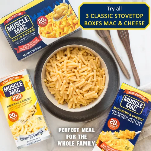 Vista 4 de Muscle Mac Cena de macarrones y queso con alto contenido de proteínas con queso real, 0.71 oz de proteína, 6.75 oz (paquete de 10)