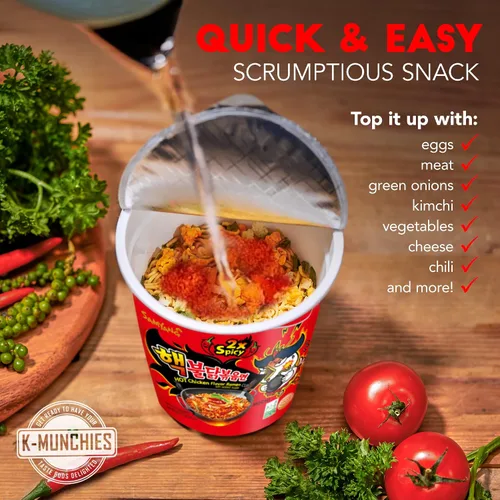 Vista 4 de Samyang Ramen picante con sabor a pollo asado - 6 fideos surtidos (2.47 oz), 3 de cada uno: 2 fideos SpicRamen y ramen de pollo picante, fideos