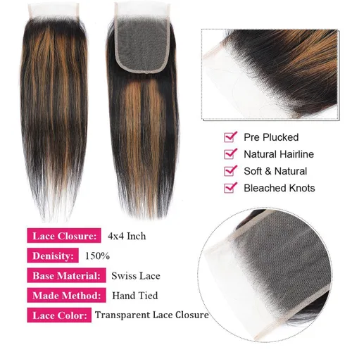 Vista 4 de Extensiones de cabello humano marrón con reflejos de Haha con cierre, extensiones lisas con cierre ombre, extensiones de cabello humano con cierre