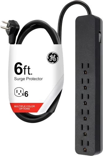 Vista 8 de GE Protector SurGE de 6 tomas, cable de extensión de 6 pies, 1080 julios, enchufe plano, disyuntor integrado, montaje en pared, certificación UL