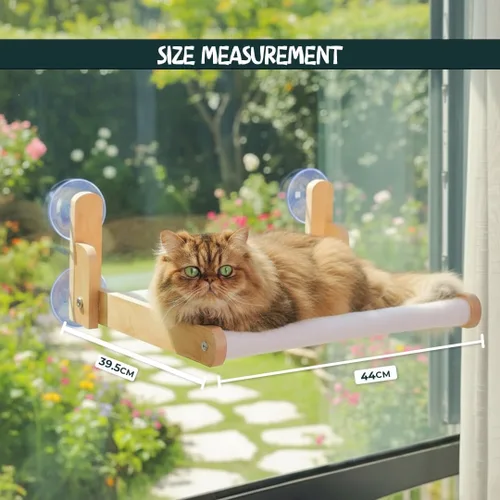 Vista 2 de Percha plegable para ventana de gato con funda peluda de felpa, hamaca para gatos con marco de madera, ventosas resistentes, no requiere