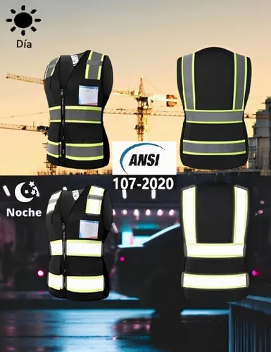Vista 4 de Chaleco de seguridad para mujer, chaleco de alta visibilidad con 8 bolsillos y cremallera frontal, chaleco reflectante de malla que cumple