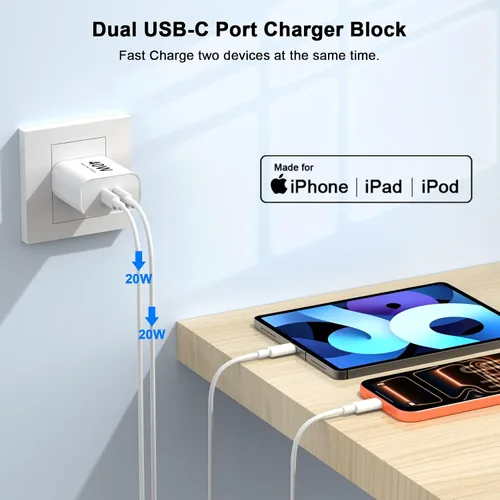 Vista 2 de Cargador rápido para iPhone 17 16 15, paquete de 2 bloques de carga rápida USB C de 40 W GaN de doble puerto con cable de carga tipo C de 10 pies