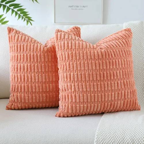Vista 18 de OTOSTAR - Paquete de 2 fundas de almohada decorativas de pana suave de 18 x 18 pulgadas, funda de cojín a rayas estilo bohemio para sofá, cama, sala