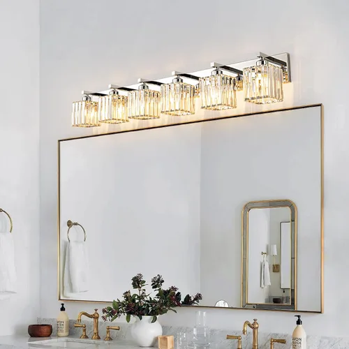 Vista 3 de Moderna lámpara de tocador de baño de cristal, color cromo, de 6 luces Cromo Recto
