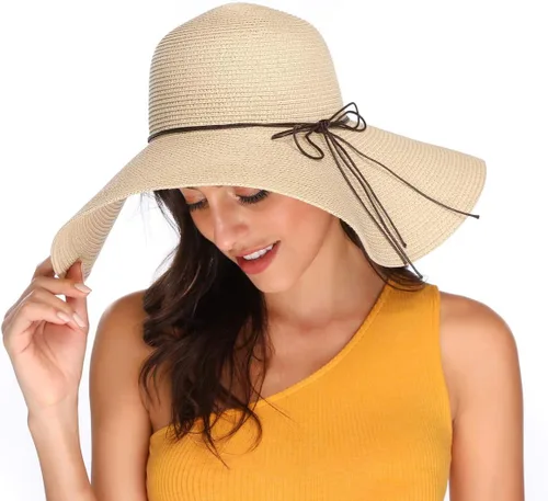 Vista 2 de Lanzom - Sombrero de paja con ala ancha para mujer, plegable, enrollable, de playa, con protección solar UPF 50+ Beige