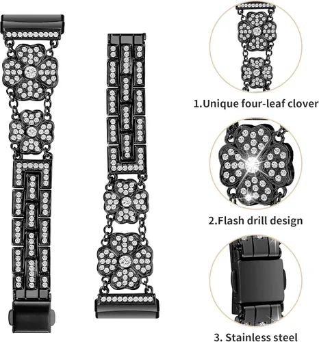 Vista 3 de Correa de muñeca diseñada para Fitbit Versa 4/Versa 3 Smartwatch Bling Bands para mujer, elegante pulsera de acero inoxidable de metal con diamantes