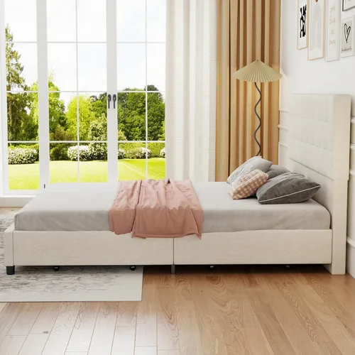 Vista 7 de EVLIQUIL Base de cama tapizada tamaño Queen con 4 cajones de almacenamiento, cabecera capitonada con botones de diamante, marco de metal resistente