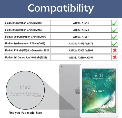 Vista 2 de Funda para iPad de 6ª/5ª generación de 9.7 pulgadas (2018/2017), iPad Air 2 y 1 (2014/2013), funda protectora con soporte para lápices, funda