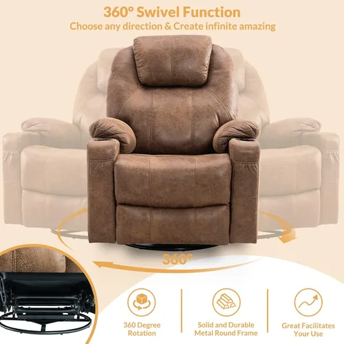 Vista 5 de Silla reclinable giratoria – Mecedora manual mecedora con masaje térmico ergonómico con 4 bolsillos, portavasos, puertos USB, control remoto (marrón)