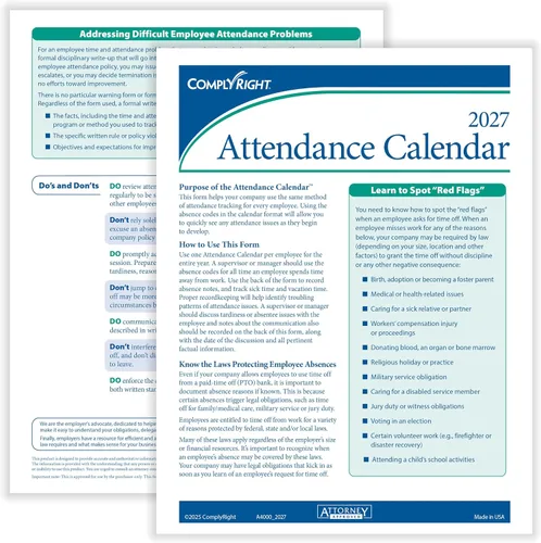Vista 4 de ComplyRight Calendario de asistencia 2024, blanco, paquete de 25