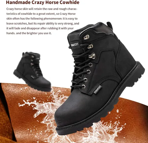 Vista 3 de Botas de seguridad laboral para hombre, de cuero Crazy-Horse duradero, con puntera de acero indestructible, impermeables y antideslizantes, mejor
