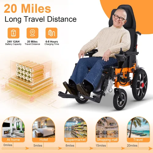Vista 6 de Silla de ruedas eléctrica reclinable, sillas de ruedas reclinables ligeras para adultos, silla de ruedas motorizada portátil para personas mayores