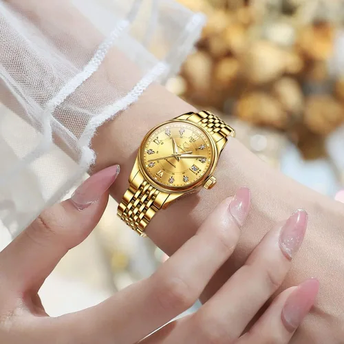 Vista 6 de OLEVS Reloj automático para mujer, de lujo, con cuerda automática, de diamante, de acero inoxidable, de fase lunar, impermeable, esfera azul luminosa