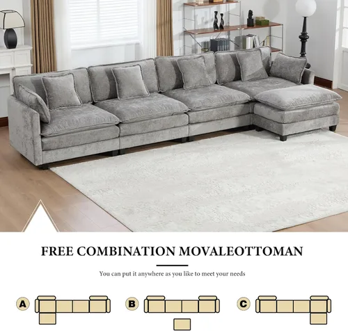 Vista 144 de Sofá seccional modular verde de 111.5", sofás seccionales grandes de 3 plazas para sala de estar, sofá nube oversized de tela chenille con otomana