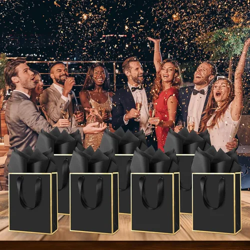 Vista 6 de Yeaqee Paquete de 100 bolsas metálicas de regalo con asa y papel de seda de papel de seda dorado para graduación, boda, padrinos de boda, regalos