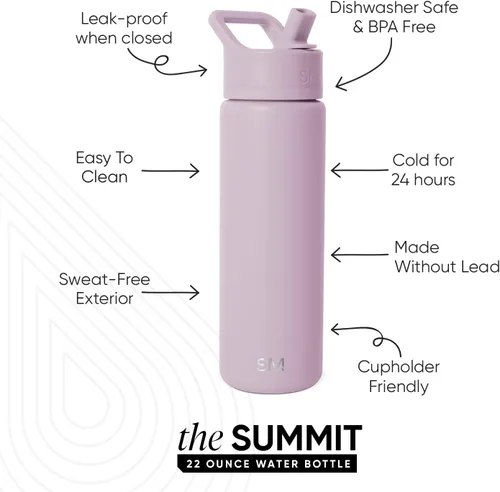 Vista 2 de Simple Modern botella de agua reutilizable con tapa con pajilla, termo de acero inoxidable con aislamiento al vacío, para gimnasio, viajes y Rocío