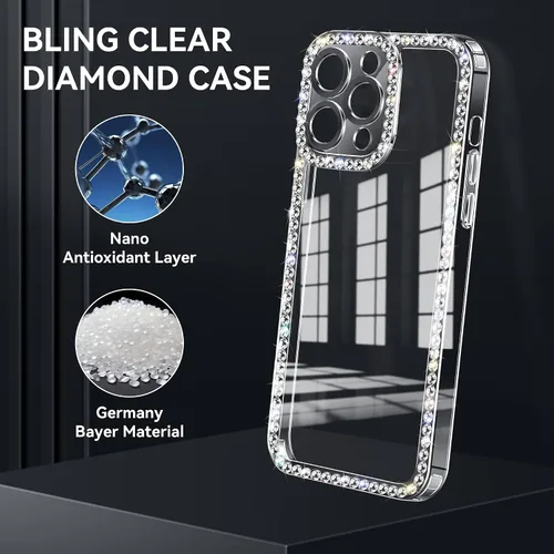 Vista 3 de Funda para iPhone 15, diseño de diamantes de imitación con purpurina, bonita para niñas y mujeres, con purpurina brillante y gemas de diseño