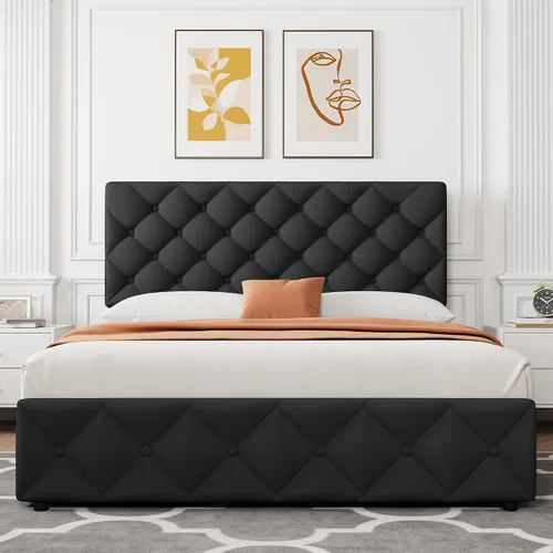 Vista 6 de IDEALHOUSE - Base de cama tamaño matrimonial con 4 cajones de almacenamiento y cabecera ajustable, camas con plataforma tapizada en lino, botones