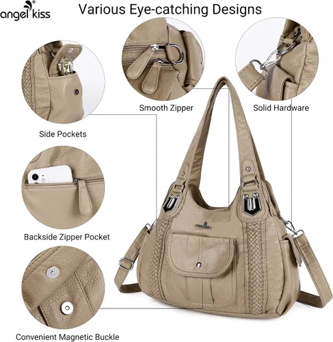 Vista 5 de Angelkiss - Bolsos y bolsos de mano para mujer, de cuero vegano lavado, bolso cruzado estilo hobo