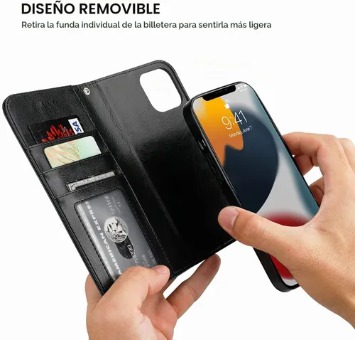 Vista 4 de Bocasal Funda tipo cartera desmontable para iPhone 13 Pro Max con bloqueo RFID, ranuras para tarjetas, soporte de cuero PU premium, soporte Negro