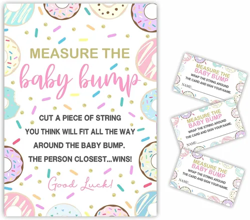 Vista 7 de Measure The Baby Bump Juego Set para Baby Shower – Tema de donut How Big is Mommy's Belly Sign, 1 letrero de pie con 50 boletos, revelación