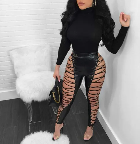 Vista 2 de Leggings sexys de cintura alta con cordones de piel sintética para mujer, para fiesta y club
