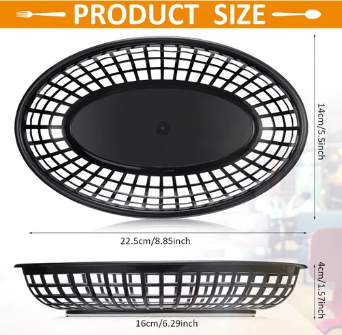Vista 2 de Potchen 100 cestas de comida rápida de 8.9 x 5.5 pulgadas, cestas de plástico para alimentos, bandeja de chips negros, bandeja ovalada reutilizable