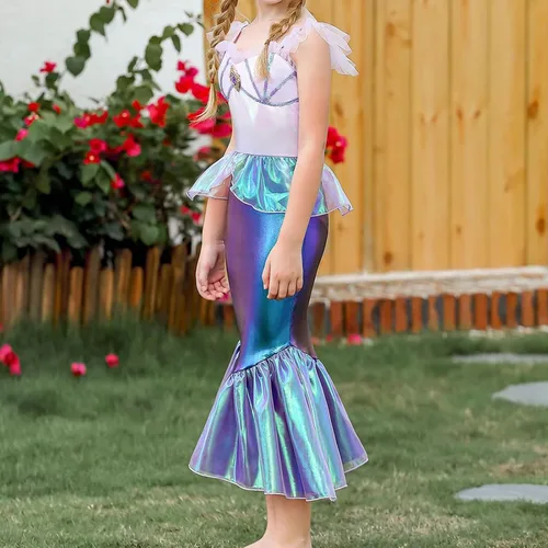 Vista 3 de Disfraz de sirena para niñas pequeñas, disfraz de princesa, Halloween, cosplay, manga mosca, trajes de juego de simulación