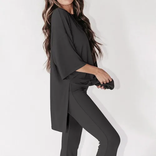 Vista 6 de Gumipy Women's 2 Piece Outfit All Weekend Long Pant Set Casual Fall Outfits 34 Sleeve Ribbed T-Shirt & Wide Leg Pants Tracksuit