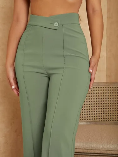 Vista 5 de SweatyRocks Pantalones de pierna ancha Palazzo con costura en la cintura superpuesta para mujer, pantalones largos de cintura alta, pantalones