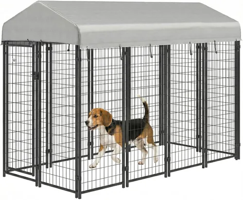 Vista 13 de PawHut Perrera para Perros al Aire Libre con Techo, 4' x 4' x 6' Recinto de Juegos para Perros de Alambre Soldado Resistente con Cerradura a Prueba